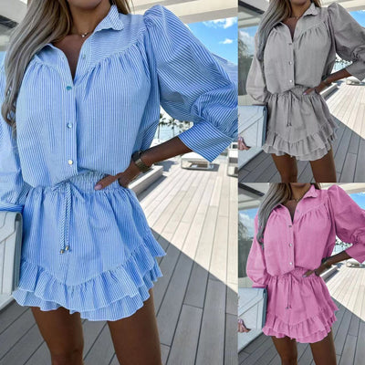 Conjunto Casual de Falda y Shorts a Rayas con Manga Larga