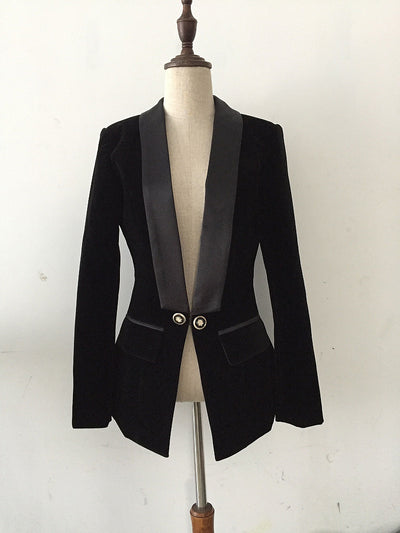 Blazer Slim de Terciopelo Verde Satinado con Cuello Fruncido para Mujer - Image 8