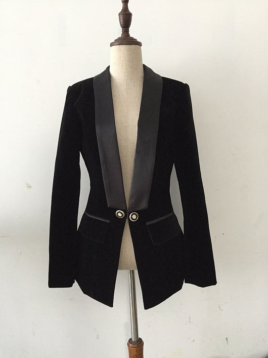 Blazer Slim de Terciopelo Verde Satinado con Cuello Fruncido para Mujer - Image 8
