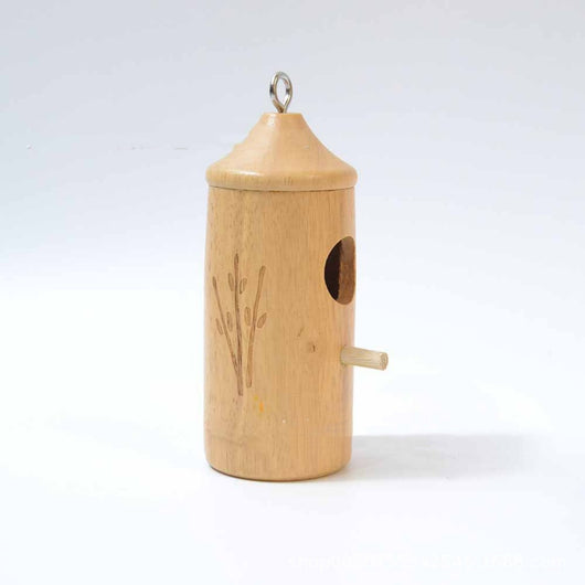 Light brown wooden birdhouse with a conical roof, circular entrance, perch, and etched branch design, hanging hook. - Image 7