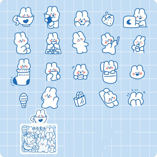 40-piece pack of cute white bunny PET stickers with pink outlines, showing the bunny in various activities like driving, fishing, and holding flowers, on a pink - Image 11