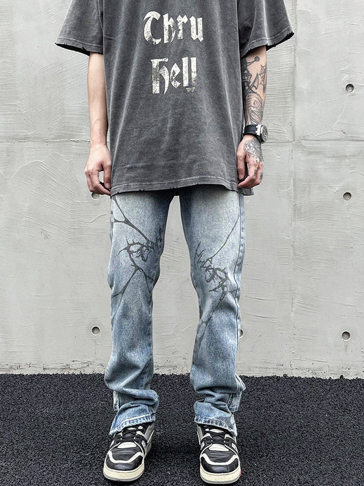 Jeans Rectos con Estampado de Espinas y Detalles Desgastados