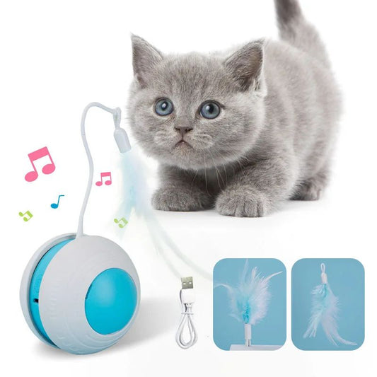 Electric pet toy ball with white and blue design, featuring a flexible arm with a blue feather teaser and a detachable feather.