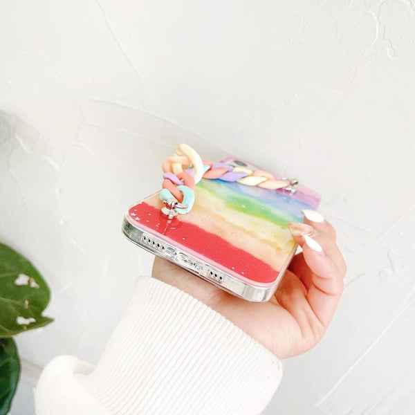 Funda Suave para Celular con Cadena de Muñequera Macaron Arcoíris