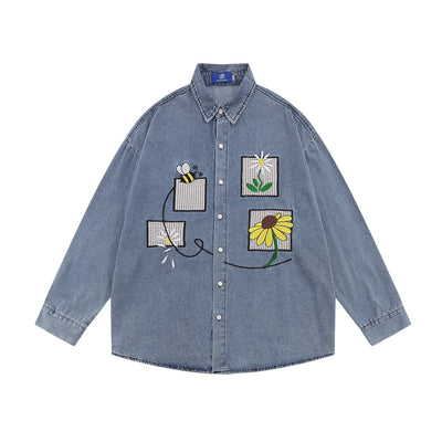 Camisa Denim con Bordado Floral - Abrigo Casual Manga Larga Cuello Polo - Image 19