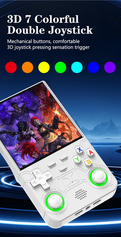 White handheld game console with a 4-inch HD screen, dual joysticks, and various buttons, shown with blue, black, and purple variants. - Image 13