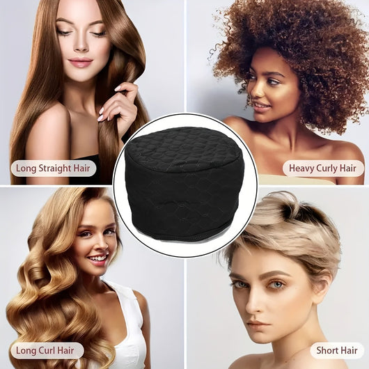 Black electric heating hair treatment cap with a quilted pattern and a white power cord with an inline switch. - Image 4