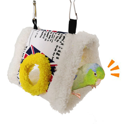 Colorful blue and pink fleece bird hammock nest with a small bird peeking out, hanging by metal clips. - Image 8