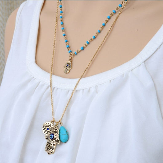 Collar Bohemio Doble Capa con Perlas de Arroz, Turquesa y Palma de Fátima - Image 15