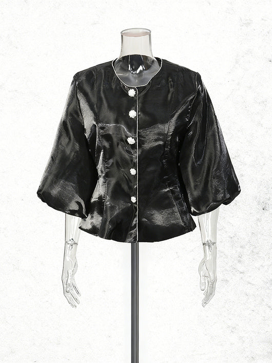 Blusa Cuello Redondo con Mangas Farol - Diseño Clásico de Botón Único - Image 5