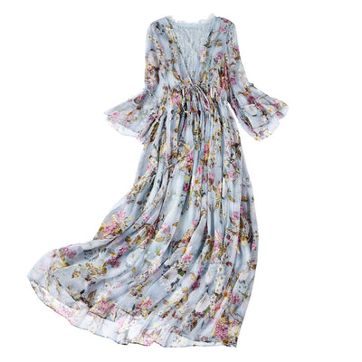 Vestido Elegante de Seda con Encaje y Escote en V - Image 3