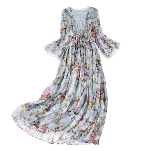 Vestido Elegante de Seda con Encaje y Escote en V - Image 3
