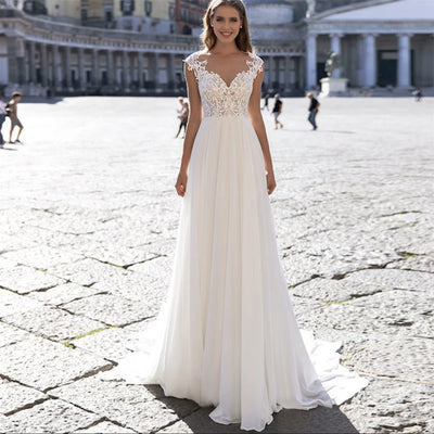 Vestido de Novia Línea A Gasa con Cuello en V y Mangas Largas