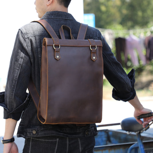 Mochila Escolar de Cuero Genuino Estilo Retro para Hombre
