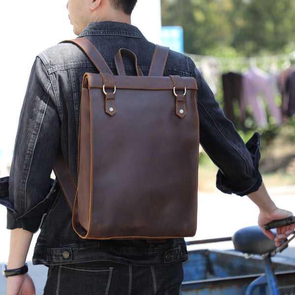 Mochila Escolar de Cuero Genuino Estilo Retro para Hombre