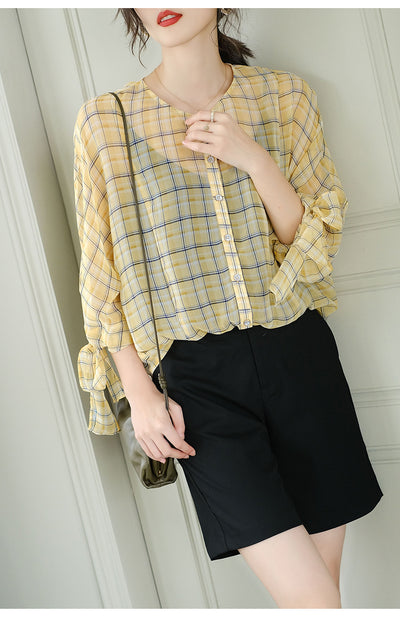 Blusa de Cuadros para Mujer con Mangas 3/4 y Cuello Redondo en Chifón - Image 21