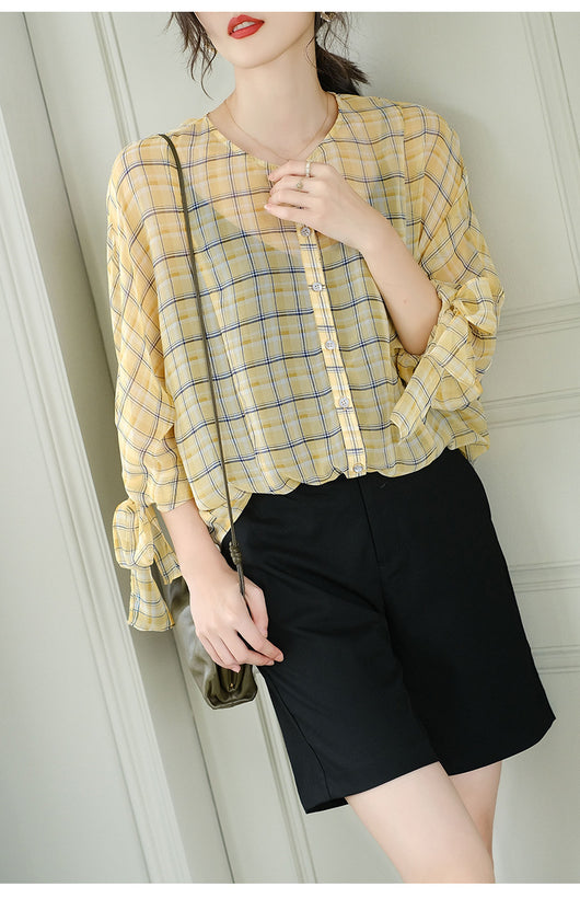 Blusa de Cuadros para Mujer con Mangas 3/4 y Cuello Redondo en Chifón - Image 21