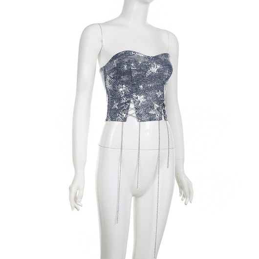 Sostén Vaquero con Lentejuelas Estrellas y Cadena Delgada - Diseño Hot Girl - Image 11