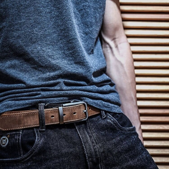 Cinturón de Cuero Genuino Vintage para Hombre con Hebilla de Pasador