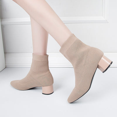 Botas Elásticas Mujer Tacón Medio Punta Aguda Tejido - Image 10