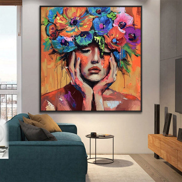 Cuadro Óleo Mujer Floral Moderno - Arte Decorativo Pintado a Mano para Sala