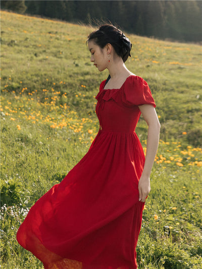 Vestido Largo Elegante con Cuello Cuadrado y Mangas Abullonadas - Image 3