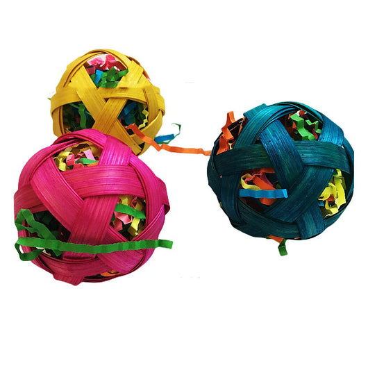 Three colorful woven bamboo toy balls, filled with shredded paper, for small pets to chew and forage. - Image 3