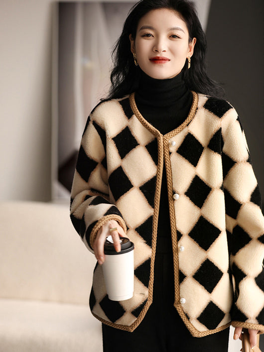 Abrigo de Lana Pura con Diseño Cuadros Escoceses y Piel de Oveja para Invierno - Image 10