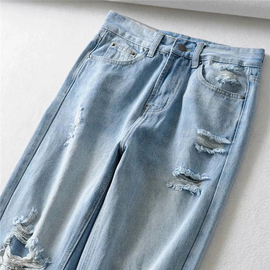 Pantalones Vaqueros Azul Claro Rotos Rectos para Mujer - Image 10