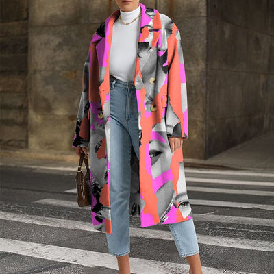 Abrigo de Lana con Estampado Dragón y Fénix - Chaqueta Solapa Larga