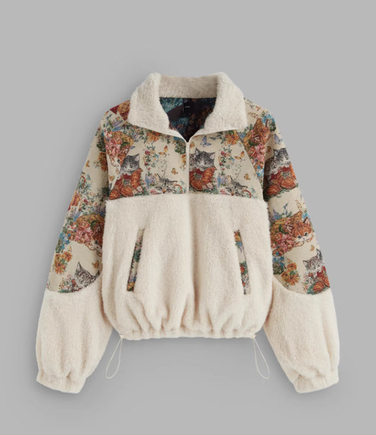 Sudadera con Capucha y Cuello Solapa Estampado Gato Floral para Mujer - Image 3