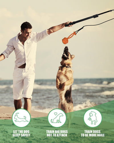 Telescopic dog teasing rod toy with black foam grip and multiple colorful rope attachments, including a carrying bag. - Image 31