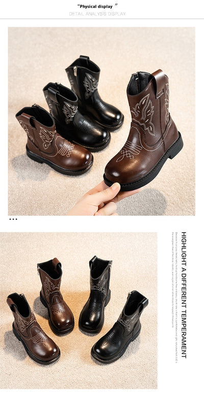 Girls' brown Martin boots with white ethnic embroidery, side zippers, and black soles, displayed on a light carpet. - Image 15