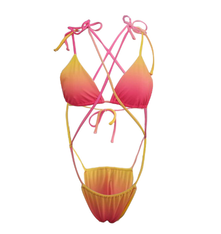 Gradient color bikini swimsuit with yellow to pink fade, featuring a triangle top and tie-side thong bottom. - Image 6