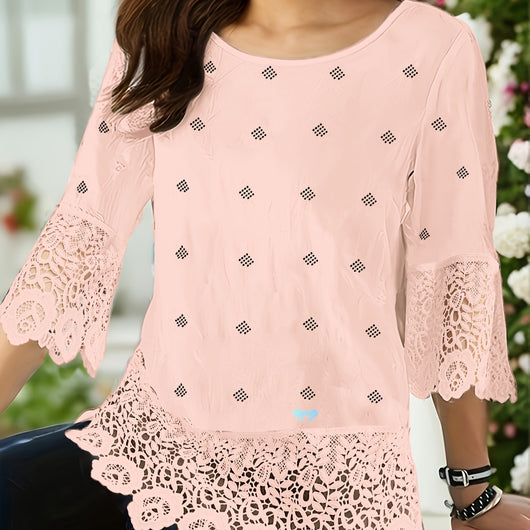 Blusa de Encaje Combinado con Mangas Tres Cuartos