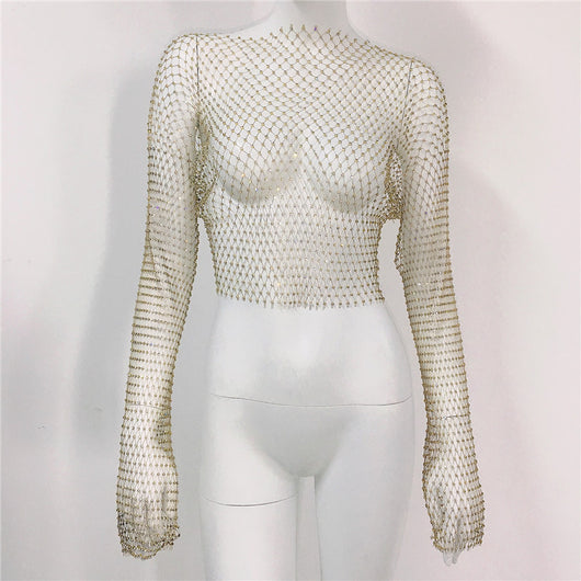 Blusa Transparente de Malla con Cuello Redondo y Manga Larga - Image 5