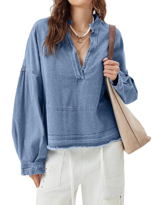 Blusa Denim Holgada de Cuello V y Manga Larga Versátil - Image 22