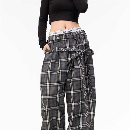 Pantalones Anchos Retro Cuadros con Cintura Elástica Estilo Americano