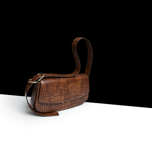 Bolso Baguette de Cuero Genuino con Patrón - Bandolera Elegante para Mujer