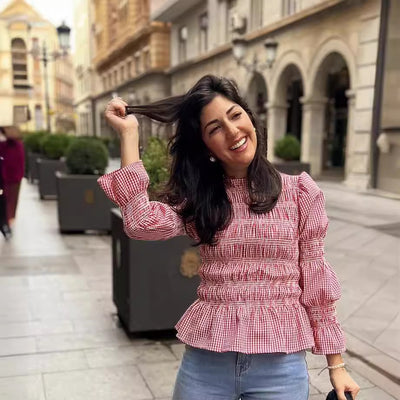 Blusa Ajustada con Pliegues y Estampado Cuadros para Mujer - Image 4
