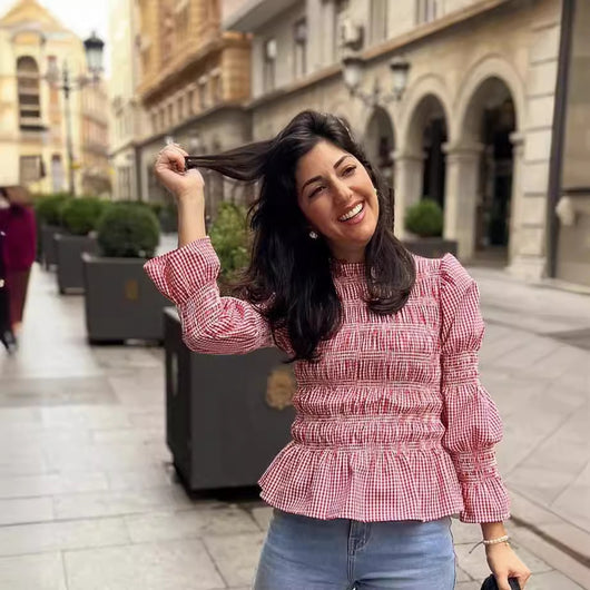 Blusa Ajustada con Pliegues y Estampado Cuadros para Mujer - Image 4