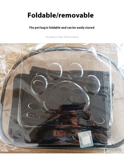 Gray and black pet carrier with a clear bubble window featuring paw prints and a mesh side for ventilation. - Image 16