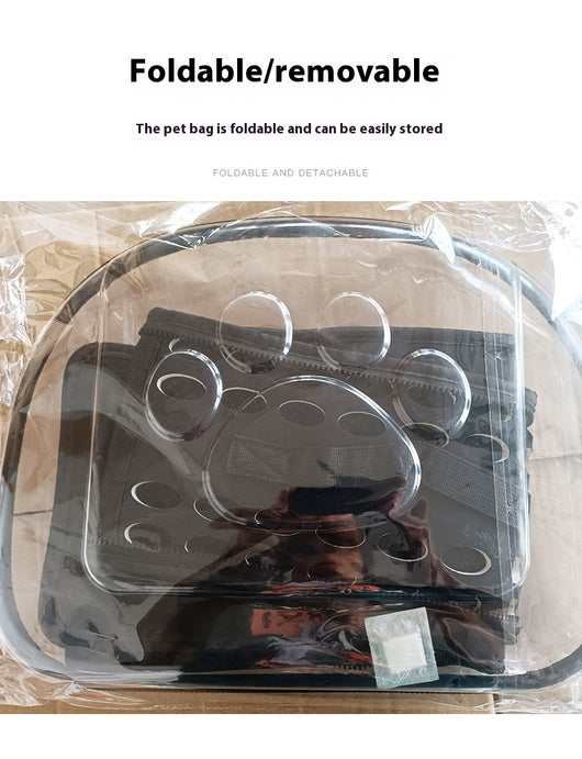 Gray and black pet carrier with a clear bubble window featuring paw prints and a mesh side for ventilation. - Image 16