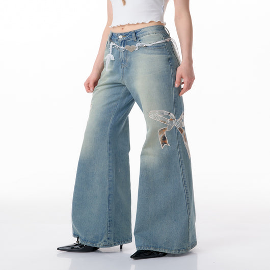 Jeans Rectos de Talle Alto con Detalle de Moño