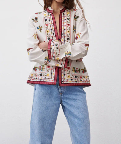 Camisa Étnica Casual con Cuello Mao y Bordado Artesanal - Image 7