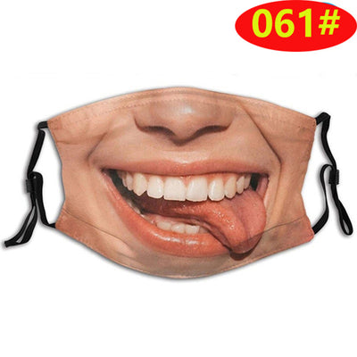 Novelty face mask with a realistic print of a smiling man's lower face and a prominent brown mustache. - Image 33