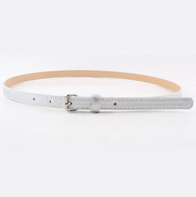 Thin brown imitation leather belt with a small silver D-shaped pin buckle, displayed on a white background. - Image 23
