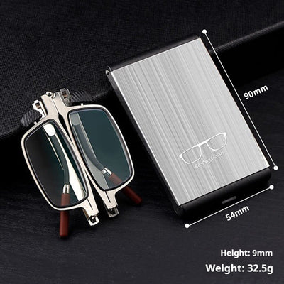 Foldable blue light blocking glasses with silver frames in a black case, shown on a smartphone. - Image 10