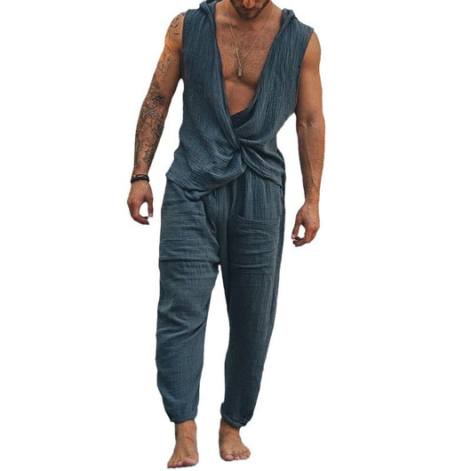 Conjunto de Pantalón y Chaleco Holgado en Algodón y Lino para Hombre - Image 10