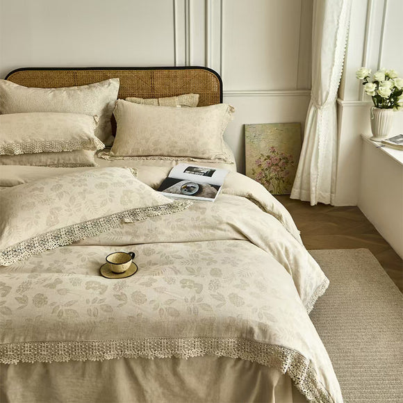 Juego de Sábanas Matrimonial Jacquard 100% Algodón-Lino Tejido Teñido 4 Piezas